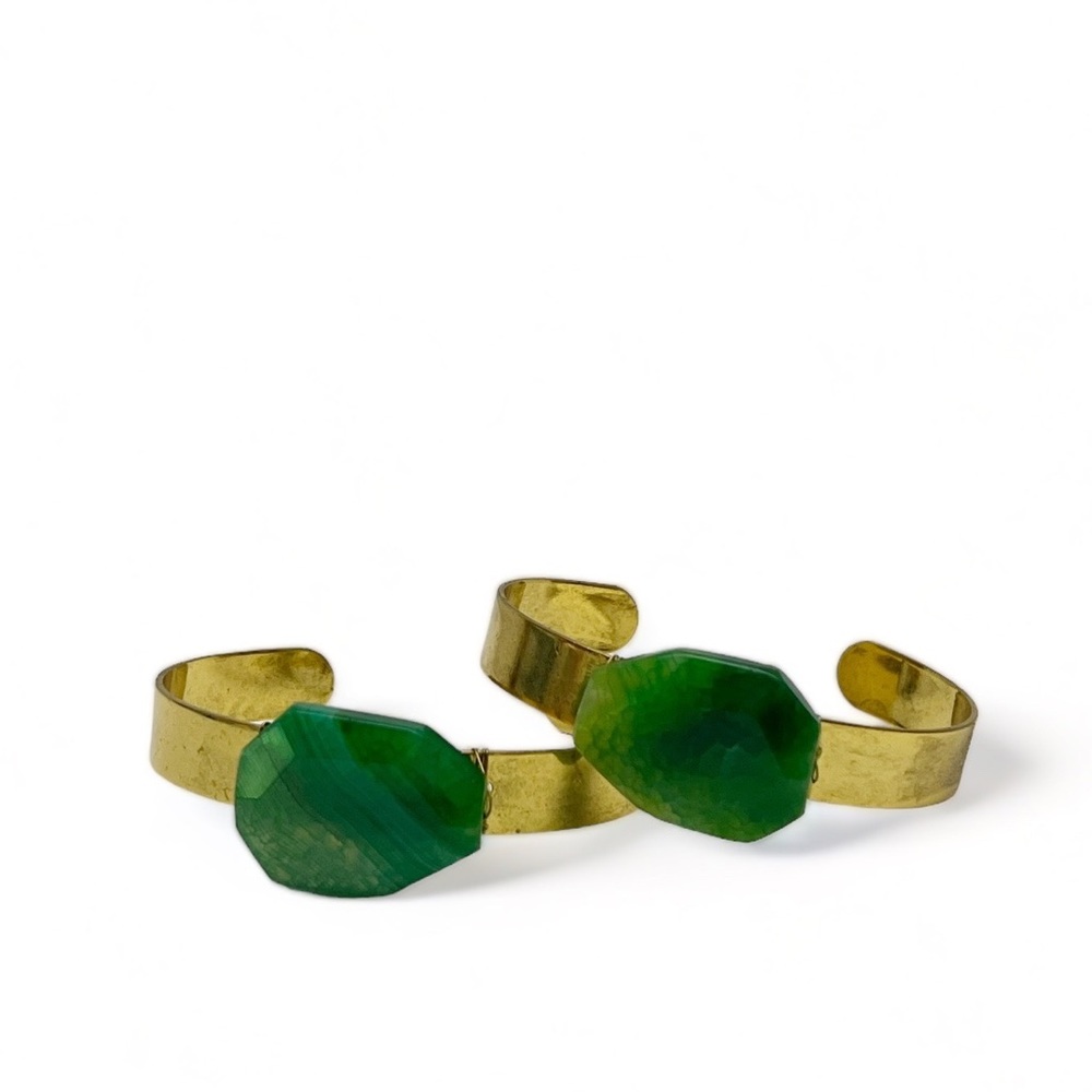Set of 2 Goldtone Green Agate Stone Cuff Bracelets